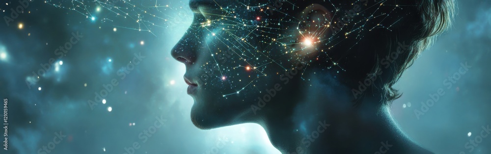 Poster portrait of a man with a cosmic backdrop, showcasing a serene expression and a galaxy of stars inter