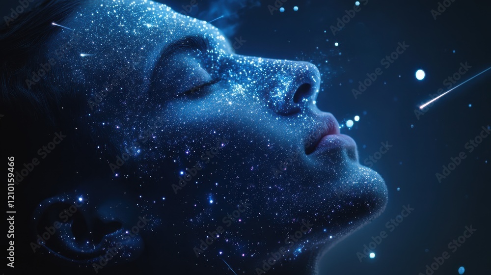 Poster mesmerizing celestial portrait of a man gazing into the universe surrounded by stars and cosmic elem