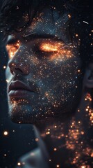Serene portrait of a man's face filled with cosmic elements and shimmering lights against a dark background