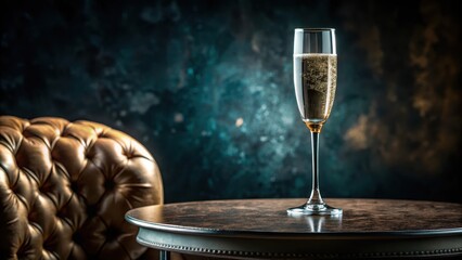 Luxurious glass of bubbly champagne floating on a velvet-covered table in a luxurious setting, sophistication