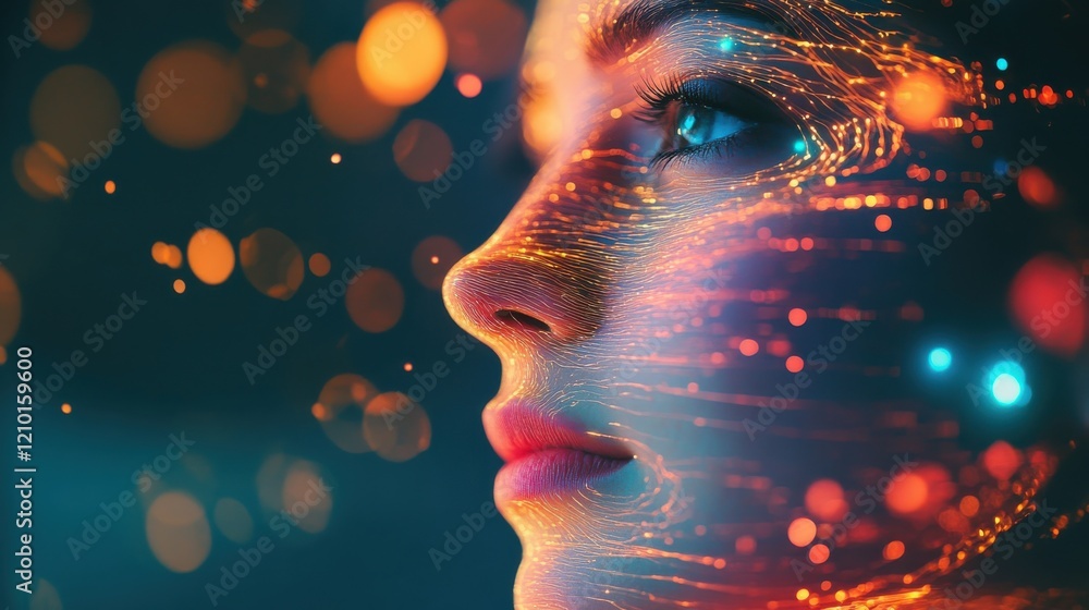 Aufkleber serene woman's face blending with vibrant lights creating a mystical effect during an evening in an 
