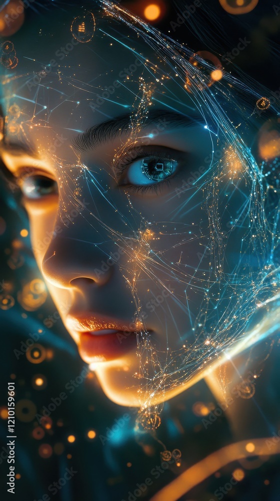 Leinwandbilder serene woman's face merging with abstract digital elements in a captivating visual experience during