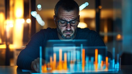 Executive concentrated on laptop while analyzing ai data and trends in modern workspace