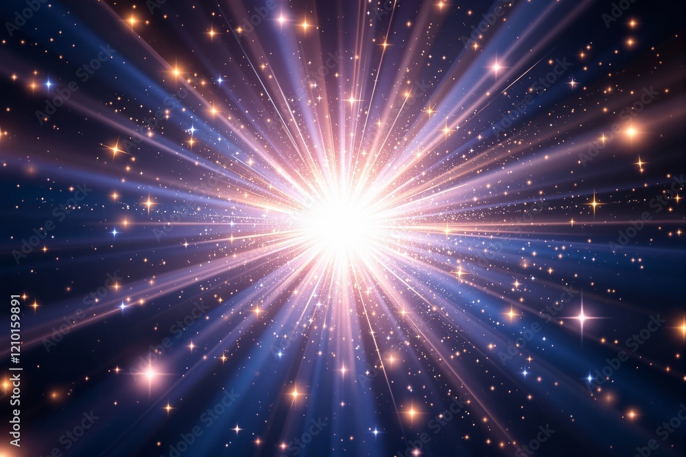Poster radiating starlight burst with sparkling effects on a deep cosmic background.