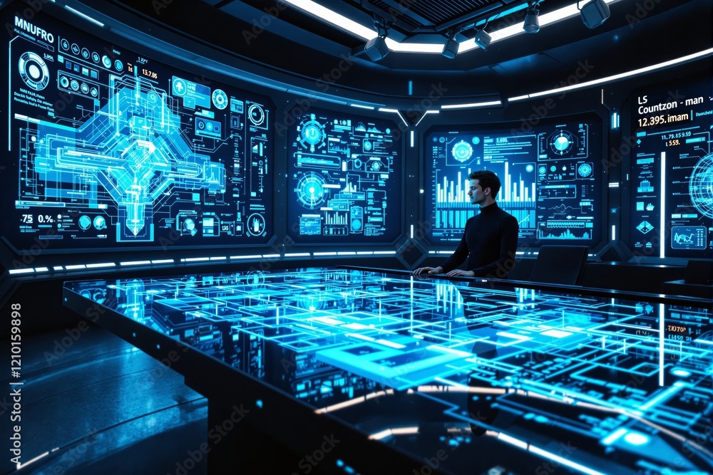 Aufkleber futuristic control room with glowing blue holographic screens and a man standing at a control panel 