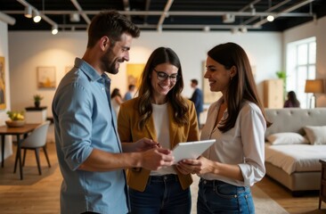 Three friends gather in a stylish interior design showroom, sharing ideas and laughing as they explore options on a tablet. The inviting space is filled with modern furniture and decor.