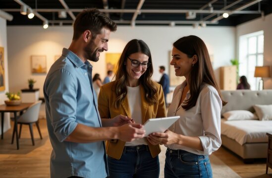 Three friends gather in a stylish interior design showroom, sharing ideas and laughing as they explore options on a tablet. The inviting space is filled with modern furniture and decor.