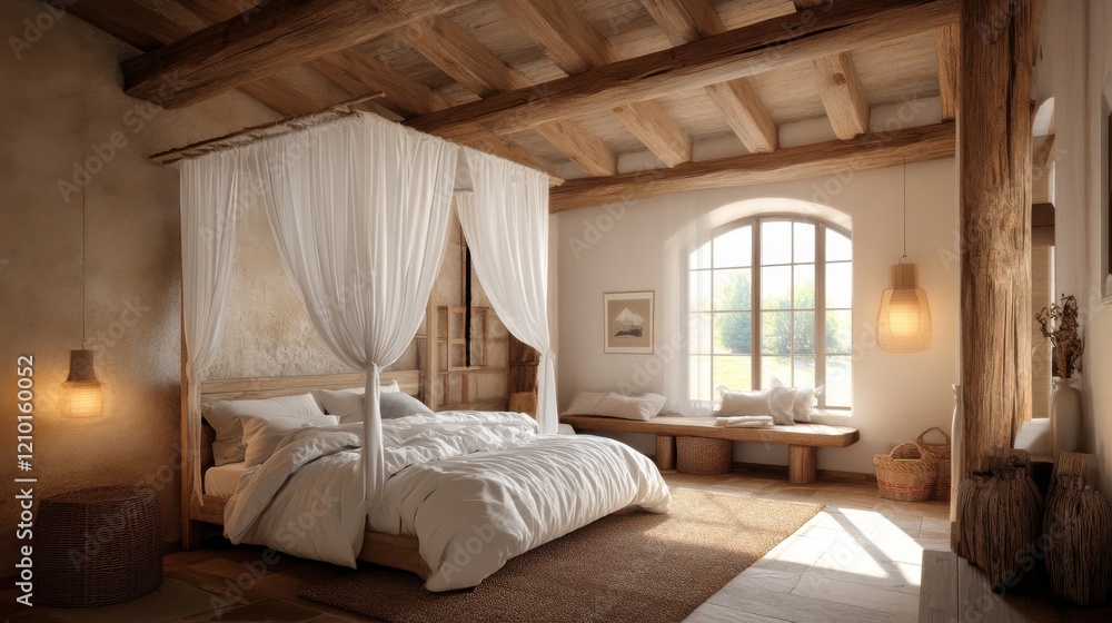Poster rustic bedroom featuring a soft white canopy bed with natural light streaming through the window