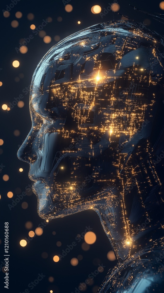 Poster an artificially intelligent human head with a network of light lines and patterns that resemble circ