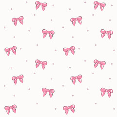 Vector illustration. Seamless pattern of pink bows on a light background with dots. Girly background, cute fabric design, postcard template, wallpaper, website, banner