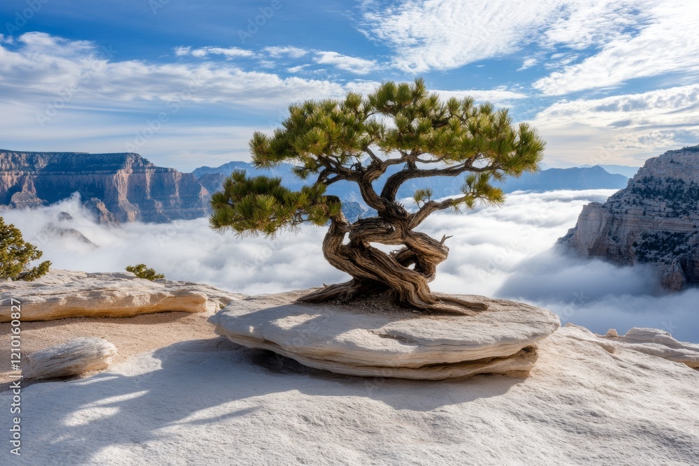 Poster a yucca tree with twisted branches and sharp leaves, standing majestically on a rocky hilltop