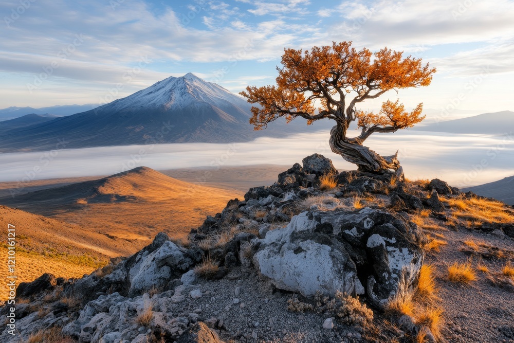 Poster a yucca tree with twisted branches and sharp leaves, standing majestically on a rocky hilltop