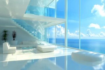Fototapeta premium Futuristic penthouse with blue sea vista