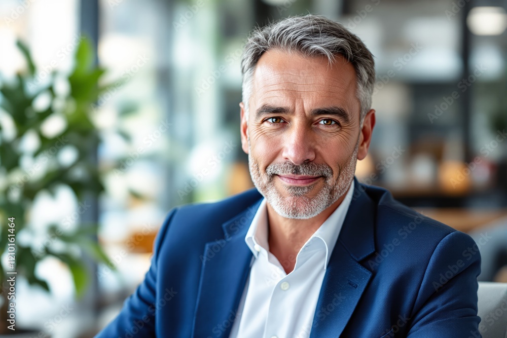 Wall mural Mature man in blue suit smiling confidently in a bright office space.