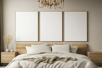 Elegant Bedroom with Minimalist Design: Beige Walls, Modern Wooden Headboard, Yellow-Green Copper Chandelier, and Three Large Blank White Posters Arranged Side by Side. Ideal for Art and Decoration.