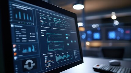 Complex data analysis software displaying various charts, graphs, and metrics on a computer monitor, suggesting a high tech environment focused on system monitoring and performance evaluation