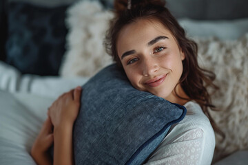Obraz premium A woman is sitting on a bed with a blue pillow and a white blanket