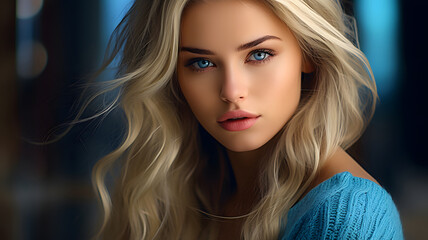 Naklejka premium Serene Blonde Woman in Blue Sweater