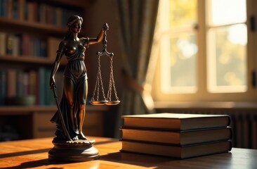 A bronze statue of Lady Justice stands holding scales, illuminated by natural light. Law books are stacked beside her on a wooden desk, creating an atmosphere of legal contemplation.