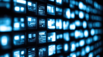 Blue digital data wall displays financial info, futuristic tech background, for finance articles