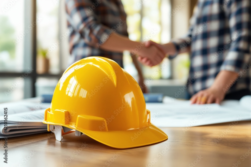 Poster yellow safety helmet on table with handshake in the background, symbolizing teamwork and constructio