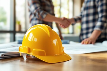 Yellow safety helmet on table with handshake in the background, symbolizing teamwork and construction agreement concept.