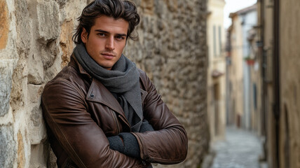 Obraz premium Man in a leather jacket and scarf, leaning casually on a stone wall in an old town