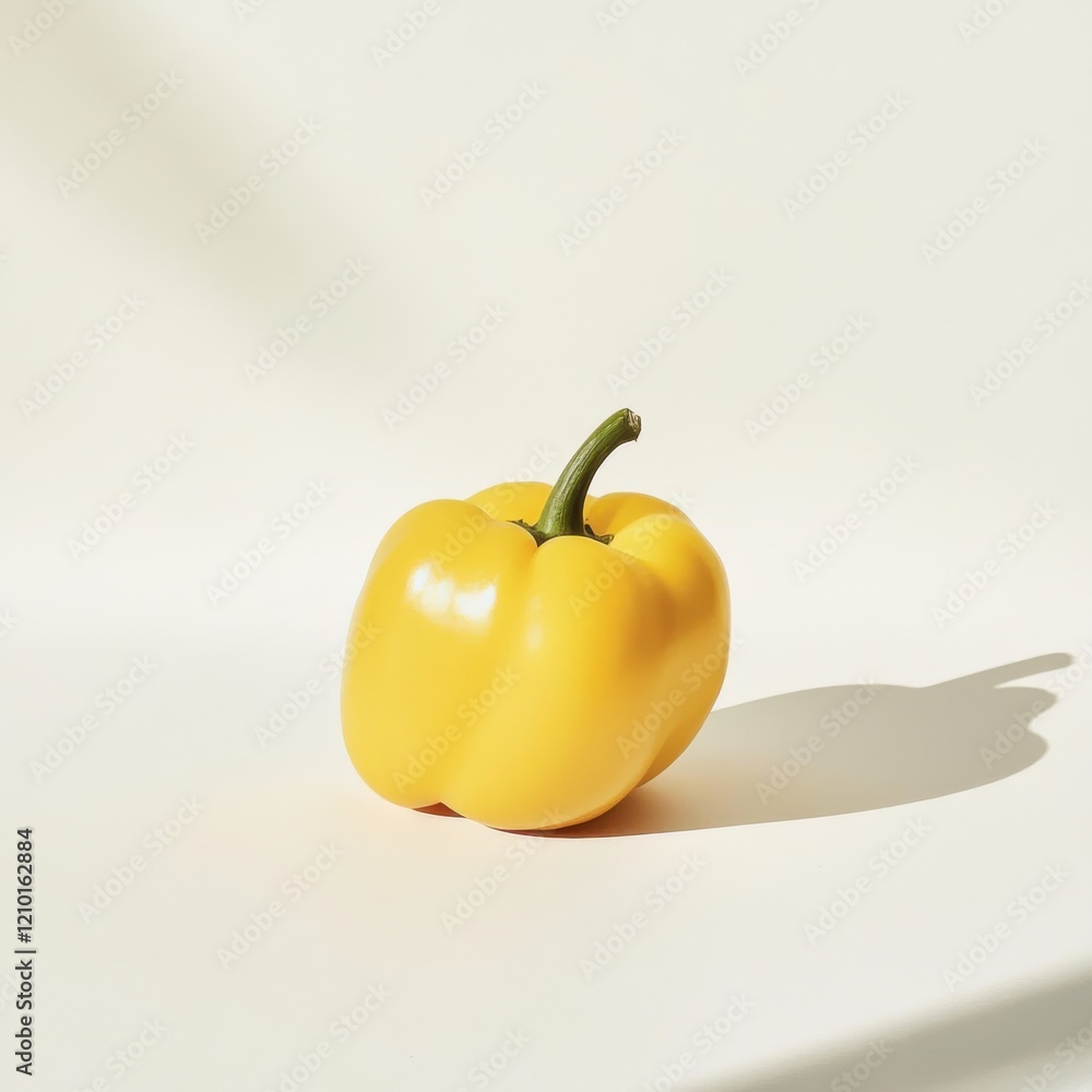 Poster fresh glossy yellow bell pepper resting on a light background with soft shadows