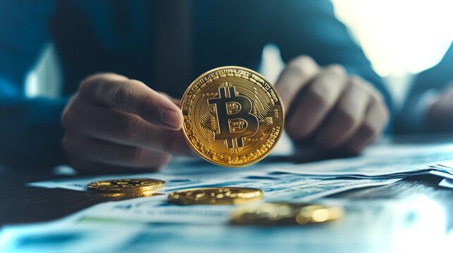 Colleagues discuss cryptocurrency while one man shows a bitcoin coin in a modern office setting