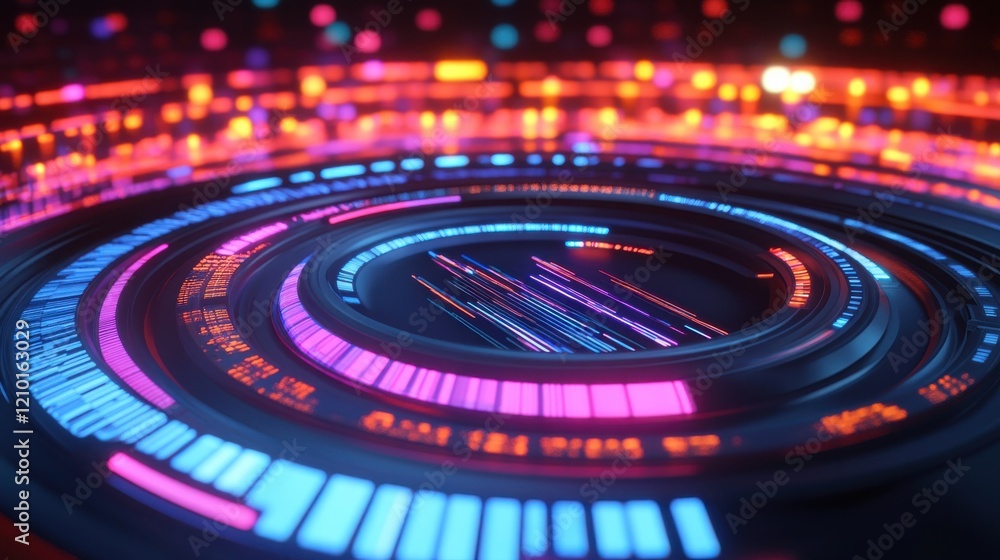 Poster futuristic representation of diversified technology with vibrant lights and circular patterns in abs
