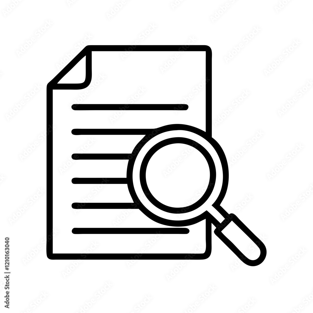 Poster document with magnifier icon, document with magnifier line art - simple line art of document with ma