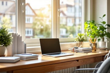 Fototapeta premium Workspace with laptop and books on wooden desk near window, bright natural light with plants and urban view in background.