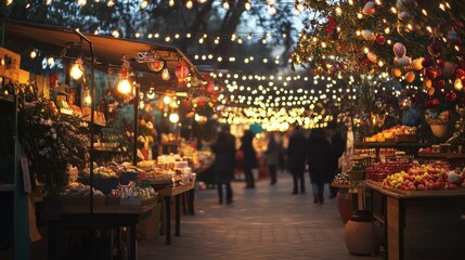 Festive Easter evening market vibrant with lights and colorful stalls in a charming outdoor setting