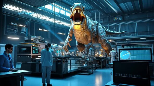 Dino-Science Lab: A fearsome Tyrannosaurus Rex stands in a futuristic laboratory, watched by a team of scientists.  The scene is a blend of cutting-edge technology and prehistoric power. 