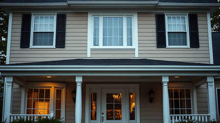 Obraz premium Charming Suburban House Exterior at Night. Beautiful Home with Porch, Windows, and Well-Lit Facade. Real Estate Photography