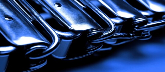 Close-up metallic links, blue backdrop, industrial texture, design element