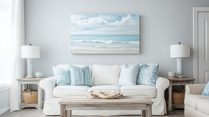 Fototapeta premium Coastal Living Room Decor: Serene Beach House Interior