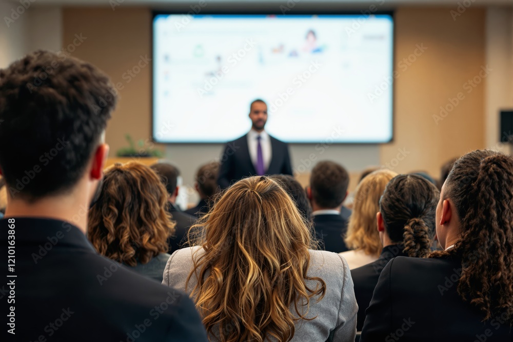 Poster Business presentation with attendees listening attentively to a speaker in a conference room.
