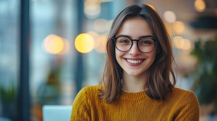 Young woman smiling warmly in a cozy urban cafe during the afternoon hours