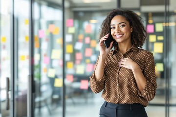 Fototapeta premium Businesswoman talking on phone in modern office with glass walls and sticky notes in background.