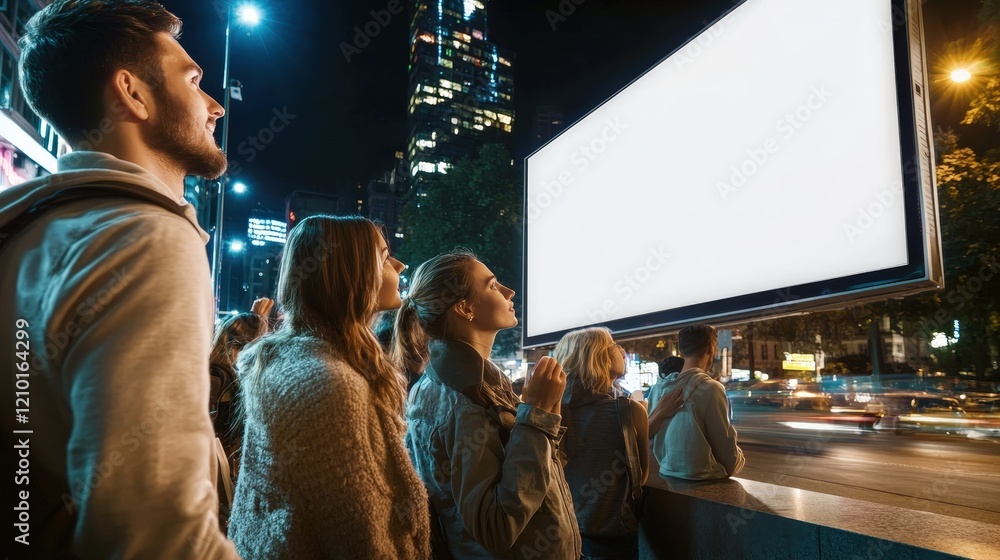 Poster dynamic group of people engaged in discussion before a large display screen showcasing engaging visu