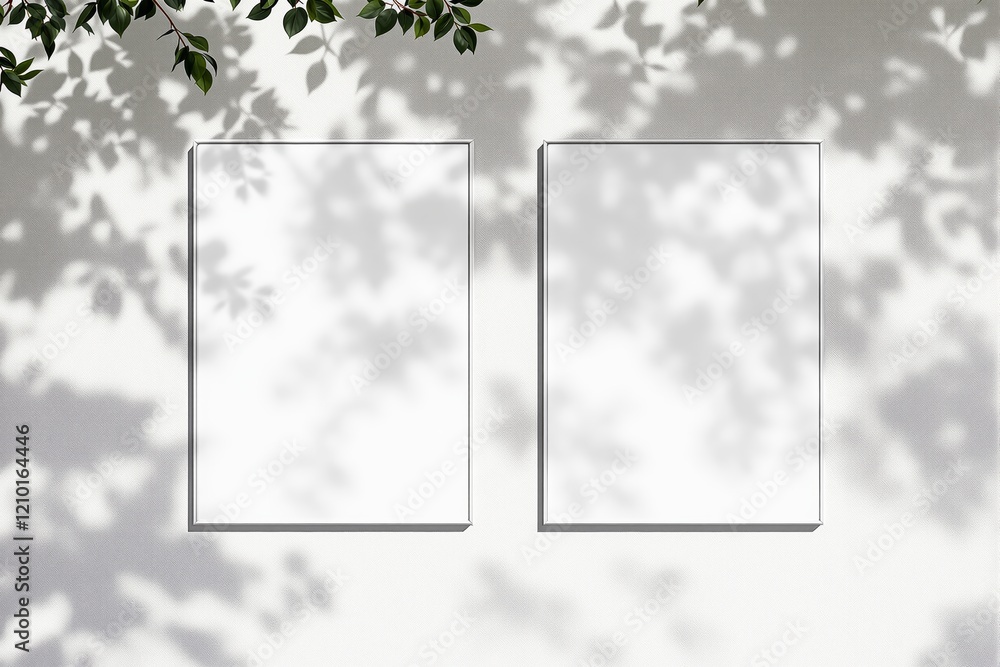 Aufkleber two blank frames on white wall with soft leafy shadows and greenery above.