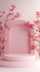 A minimalist podium with clean lines and ample space for display, surrounded by a gentle light pink background for Mother's Day