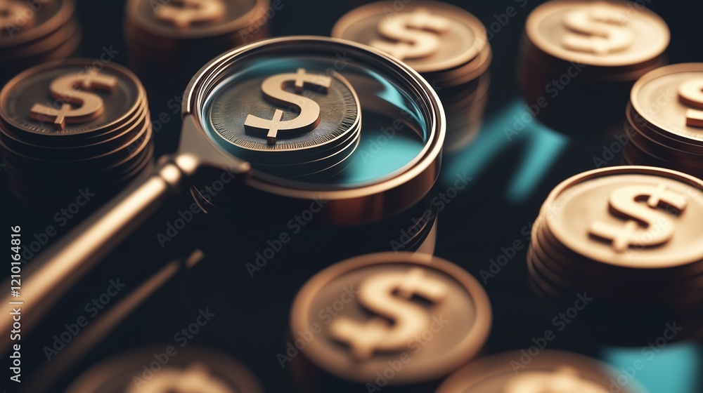 Poster a magnifying lens is put on a stack of coins with dollar signs on them.