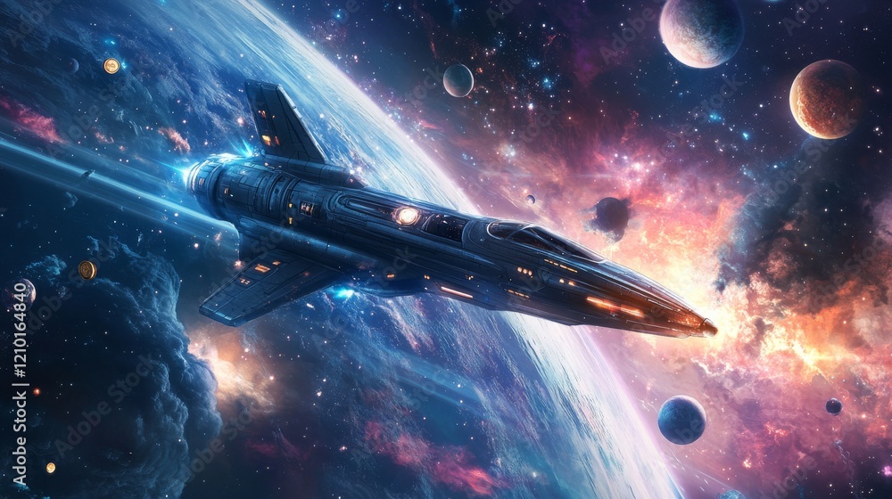 Poster space game level background with platforms and flying spaceship. vector cartoon illustration of cosm