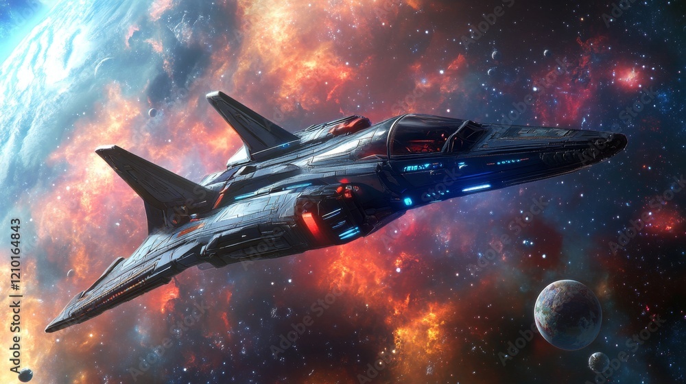 Poster space game level background with platforms and flying spaceship. vector cartoon illustration of cosm