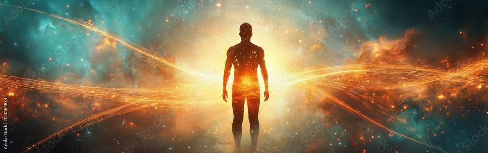 Poster conceptual representation of a glowing figure surrounded by cosmic elements in an abstract setting