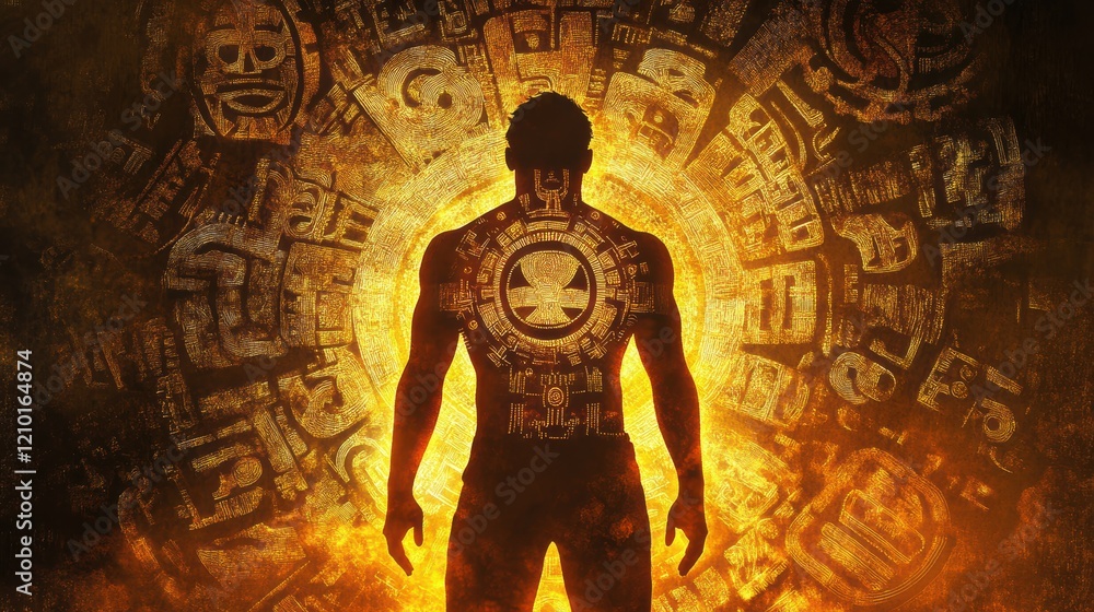 Aufkleber conceptual representation of a glowing man standing against a backdrop of ancient symbols and vibran