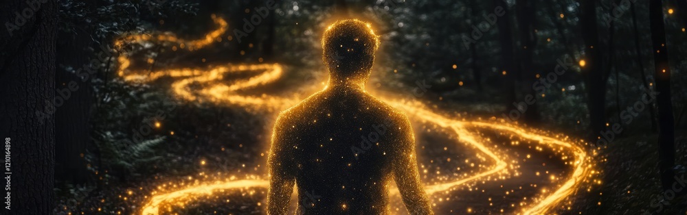 Aufkleber man glowing amidst a magical forest pathway illuminated by golden light at twilight