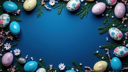 Easter eggs and flowers frame on classic blue background creating copy space